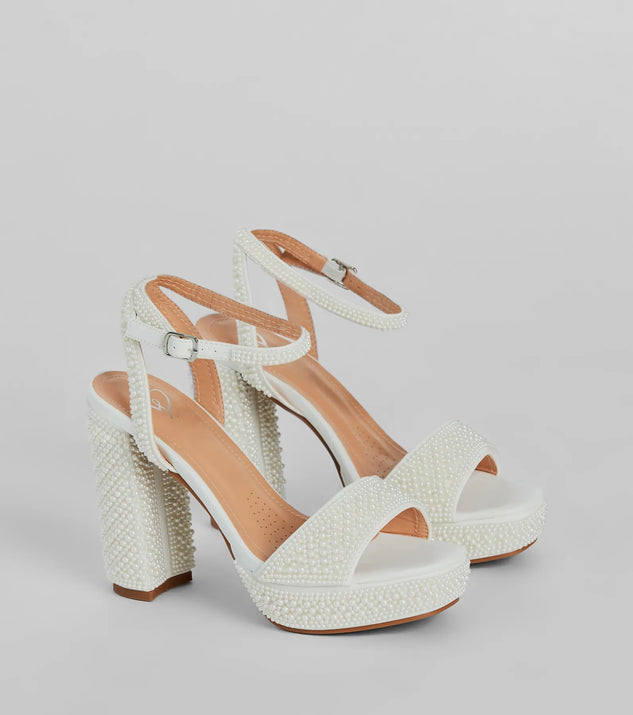 The Elite Glam Faux Pearl Platform Block Heels helps create a chic women's white cocktail outfit with a trendy texture and stylish design, ideal for wedding guest cocktail outfits or dinner parties.
