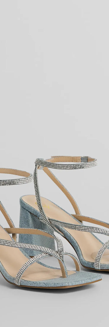 Radiant Rhinestone Strappy Block Heels, a trendy denim blue addition to women's going-out outfits, is ideal for Christmas party outfits, chic NYE attire, or winter night-out looks that keep you on-trend!