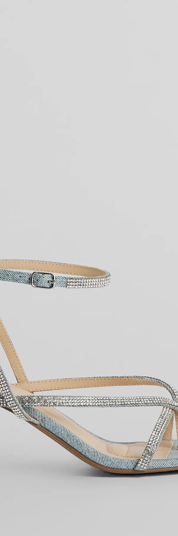 Radiant Rhinestone Strappy Block Heels, a trendy denim blue addition to women's going-out outfits, is ideal for Christmas party outfits, chic NYE attire, or winter night-out looks that keep you on-trend!