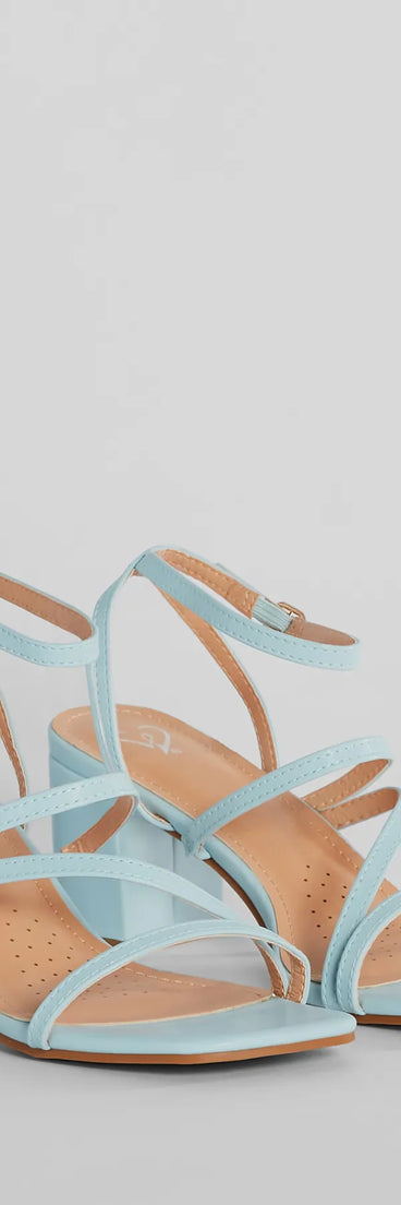 Elevate your work wardrobe with the Style Icon Strappy Faux Leather Short Block Heels in light blue, a versatile women's shoe perfect for the office; that combines style with comfort for seamless desk-to-dinner transitions.