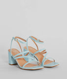 Elevate your work wardrobe with the Style Icon Strappy Faux Leather Short Block Heels in light blue, a versatile women's shoe perfect for the office; that combines style with comfort for seamless desk-to-dinner transitions.
