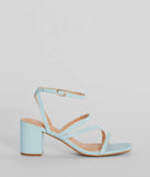Elevate your work wardrobe with the Style Icon Strappy Faux Leather Short Block Heels in light blue, a versatile women's shoe perfect for the office; that combines style with comfort for seamless desk-to-dinner transitions.