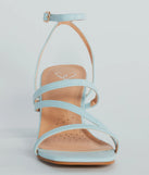 Elevate your work wardrobe with the Style Icon Strappy Faux Leather Short Block Heels in light blue, a versatile women's shoe perfect for the office; that combines style with comfort for seamless desk-to-dinner transitions.