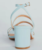 Elevate your work wardrobe with the Style Icon Strappy Faux Leather Short Block Heels in light blue, a versatile women's shoe perfect for the office; that combines style with comfort for seamless desk-to-dinner transitions.