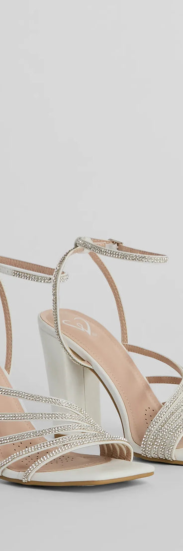 Ready To Party Rhinestone Strappy Metallic Block Heels, a trendy white addition to women's going-out outfits, is ideal for Christmas party outfits, chic NYE attire, or winter night-out looks that keep you on-trend!
