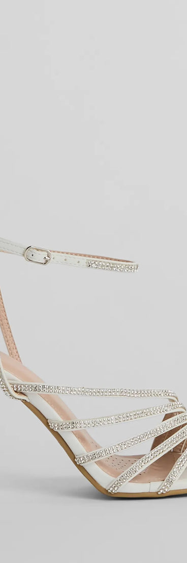 Ready To Party Rhinestone Strappy Metallic Block Heels, a trendy white addition to women's going-out outfits, is ideal for Christmas party outfits, chic NYE attire, or winter night-out looks that keep you on-trend!
