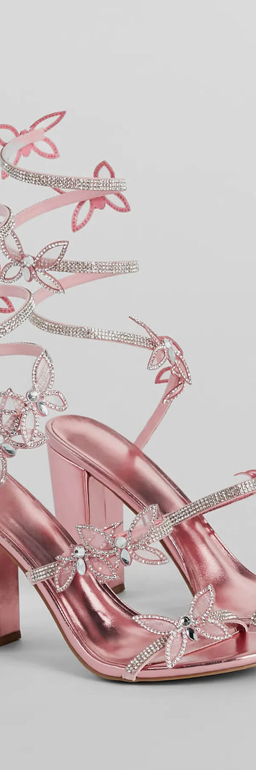 Dreamy Rhinestone Butterfly Spiral Metallic Heels