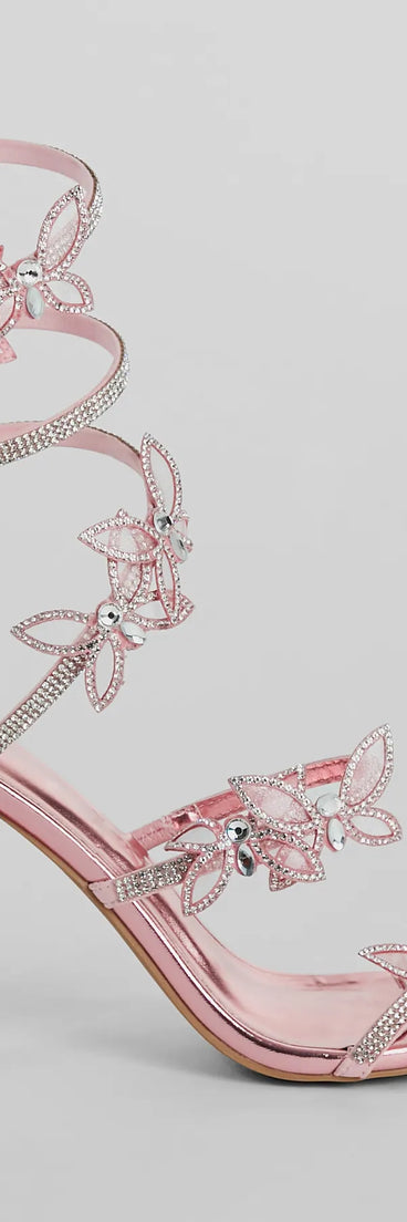 Dreamy Rhinestone Butterfly Spiral Metallic Heels