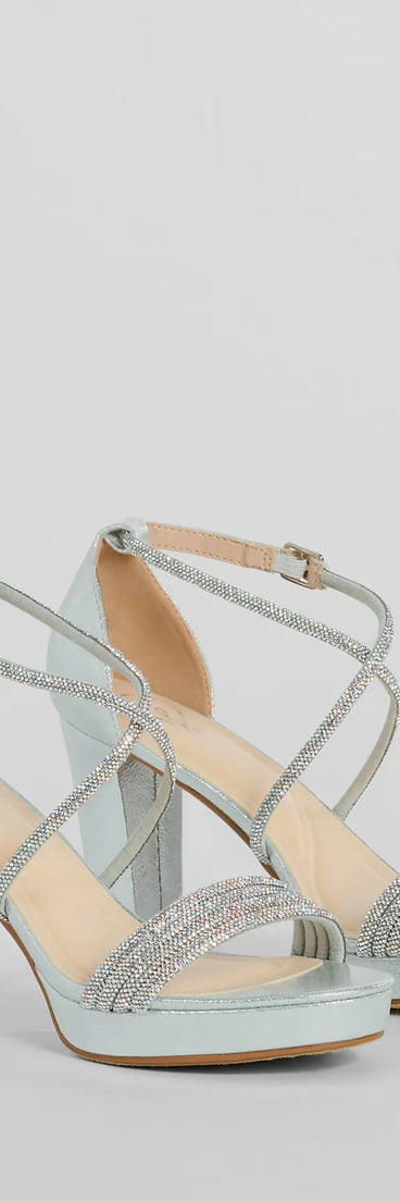 Step into style with the Gloss Up Glitter Rhinestone Platform Block Heels, silver heels made to complete your Windsor look with comfort and glam in mind.