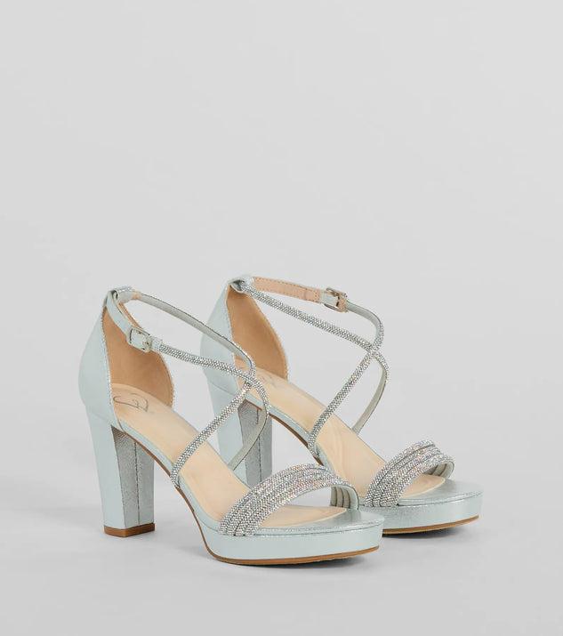 The Gloss Up Glitter Rhinestone Platform Block Heels in silver brings sleek style to any graduation outfit, from cap and gown to after-party.