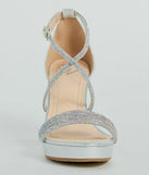 The Gloss Up Glitter Rhinestone Platform Block Heels in silver brings sleek style to any graduation outfit, from cap and gown to after-party.