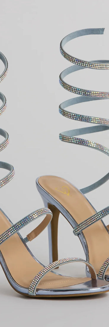 Get ready for any event with the Special Surprise Rhinestone Spiral Stiletto Heels in blue, an essential start to creating a versatile outfit for women for parties, cocktail hours, or Valentine's Day events.