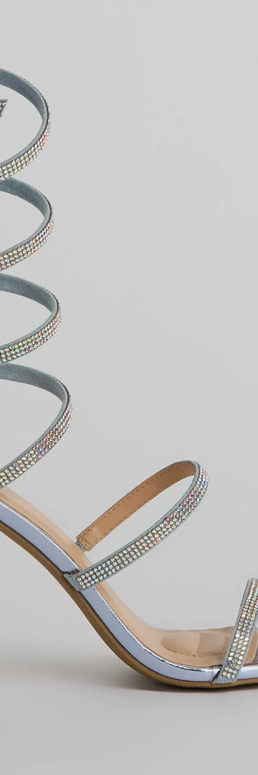 Get ready for any event with the Special Surprise Rhinestone Spiral Stiletto Heels in blue, an essential start to creating a versatile outfit for women for parties, cocktail hours, or Valentine's Day events.