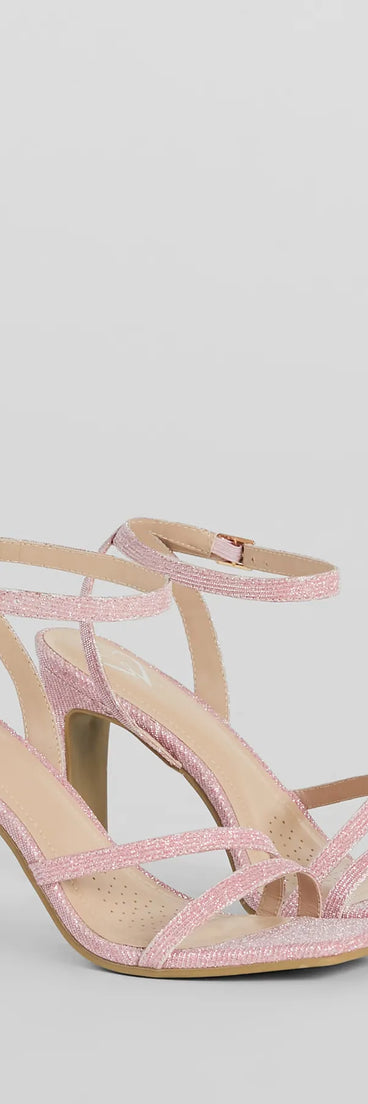 Get ready for any event with the Time To Shine Glitter Strappy Block Heels in pink, an essential start to creating a versatile outfit for women for parties, cocktail hours, or Valentine's Day events.