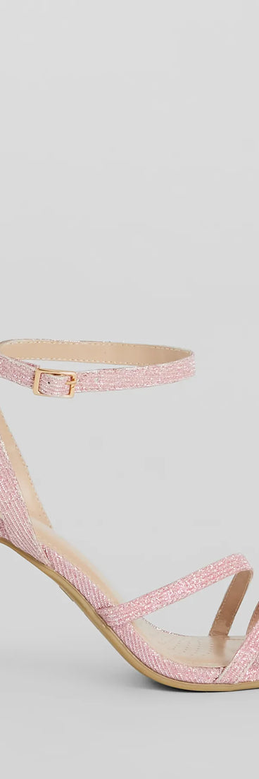 Get ready for any event with the Time To Shine Glitter Strappy Block Heels in pink, an essential start to creating a versatile outfit for women for parties, cocktail hours, or Valentine's Day events.