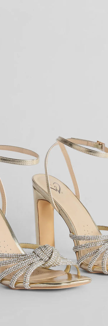 The cute and comfy style of the Dazzling Mood Rhinestone Strappy Metallic Block Heels as your homecoming shoes creates a stand out look to complete your HOCO dress look!