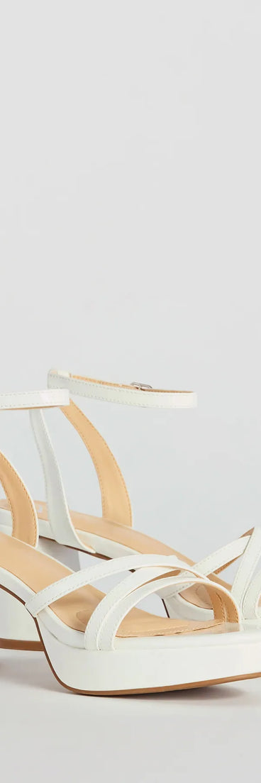 Flirty Sophistication Strappy Platform Block Heels, a trendy white addition to women's going-out outfits, is ideal for Christmas party outfits, chic NYE attire, or winter night-out looks that keep you on-trend!