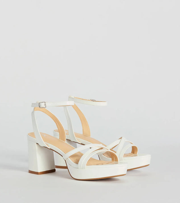 Flirty Sophistication Strappy Platform Block Heels, a trendy white addition to women's going-out outfits, is ideal for Christmas party outfits, chic NYE attire, or winter night-out looks that keep you on-trend!