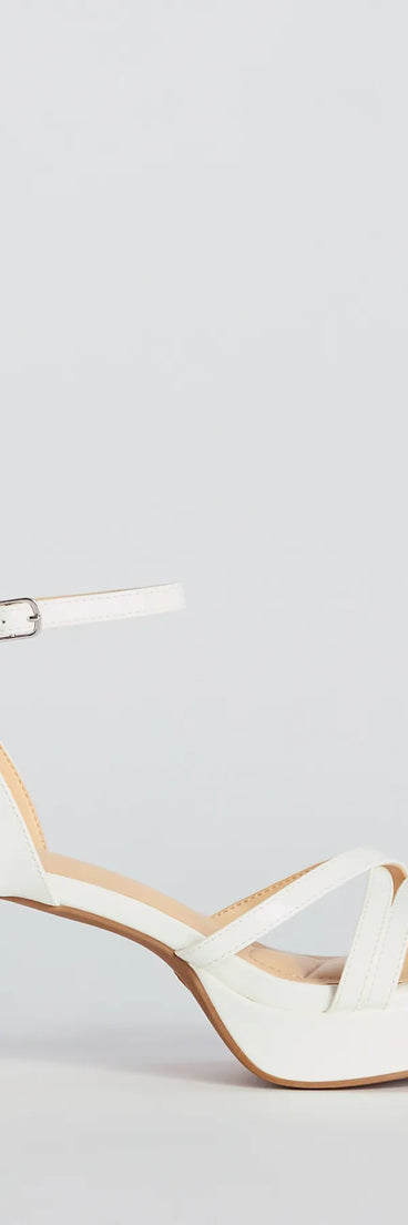 Flirty Sophistication Strappy Platform Block Heels, a trendy white addition to women's going-out outfits, is ideal for Christmas party outfits, chic NYE attire, or winter night-out looks that keep you on-trend!