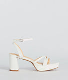 Flirty Sophistication Strappy Platform Block Heels, a trendy white addition to women's going-out outfits, is ideal for Christmas party outfits, chic NYE attire, or winter night-out looks that keep you on-trend!