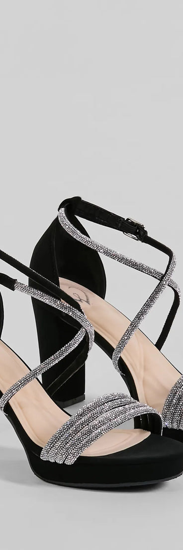 Step into style with the Gloss Up Glitter Rhinestone Platform Block Heels, black heels made to complete your Windsor look with comfort and glam in mind.