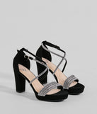 The Gloss Up Glitter Rhinestone Platform Block Heels in black brings sleek style to any graduation outfit, from cap and gown to after-party.