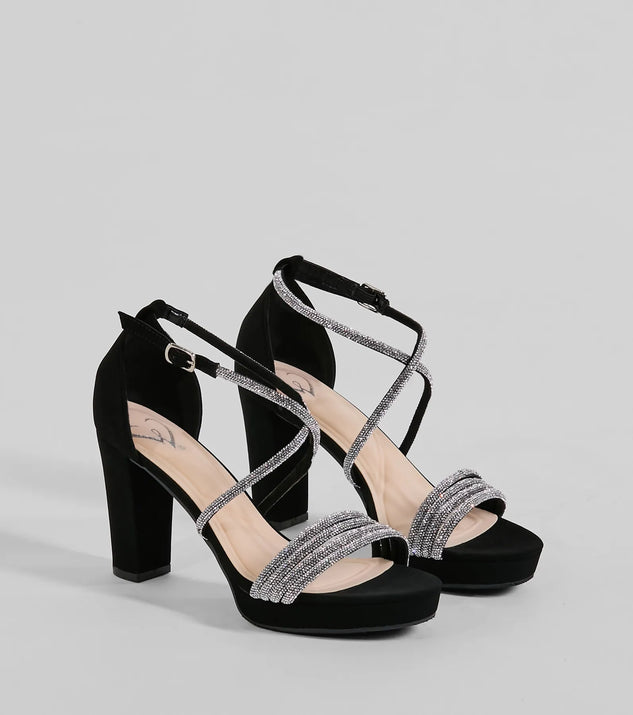 The Gloss Up Glitter Rhinestone Platform Block Heels in black brings sleek style to any graduation outfit, from cap and gown to after-party.