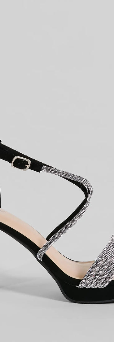 Elevate warm-weather looks with Gloss Up Glitter Rhinestone Platform Block Heels in black, a pair of trendy sandals bringing chic, modern flair to every step.