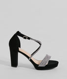 The Gloss Up Glitter Rhinestone Platform Block Heels in black brings sleek style to any graduation outfit, from cap and gown to after-party.