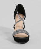 The Gloss Up Glitter Rhinestone Platform Block Heels in black brings sleek style to any graduation outfit, from cap and gown to after-party.
