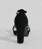 The Gloss Up Glitter Rhinestone Platform Block Heels in black brings sleek style to any graduation outfit, from cap and gown to after-party.