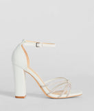 The Sparkle Scene Rhinestone Strappy Faux Leather Block Heels in white brings sleek style to any graduation outfit, from cap and gown to after-party.