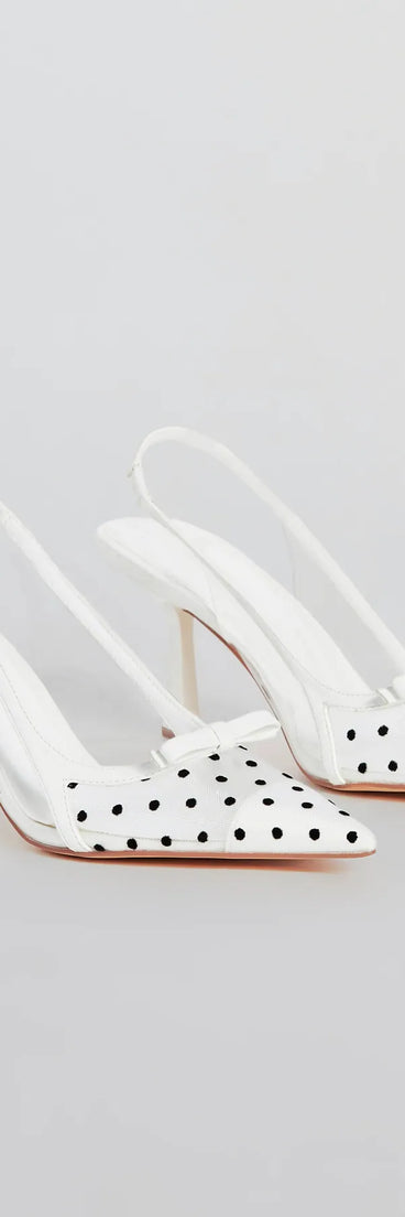 The Adorably Posh Polka Dot Mesh Slingback Pumps are women's white shoes for work, featuring a sleek silhouette and cushioned sole for all-day comfort, and are a trendy choice for professional or business casual outfits.