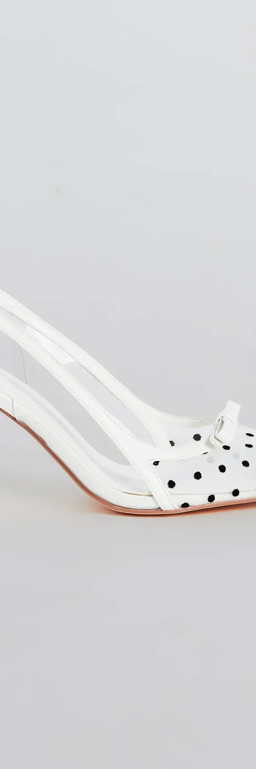 The Adorably Posh Polka Dot Mesh Slingback Pumps are women's white shoes for work, featuring a sleek silhouette and cushioned sole for all-day comfort, and are a trendy choice for professional or business casual outfits.