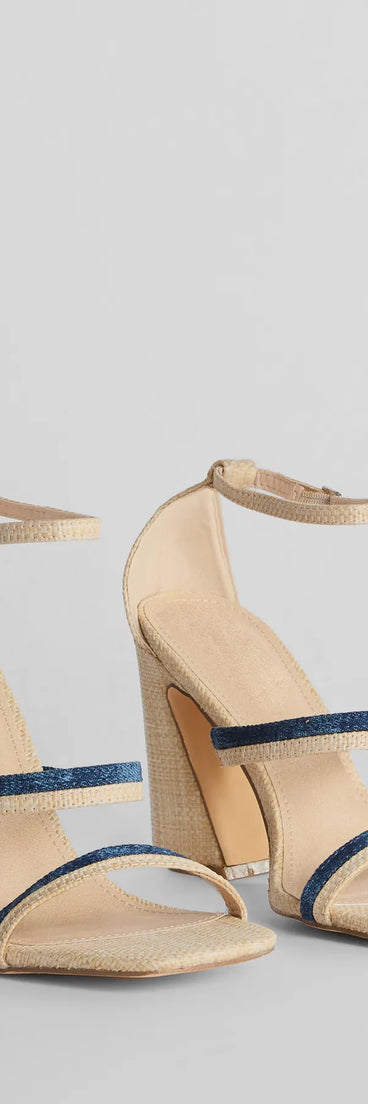 Sunshine Check Strappy Straw Denim Block Heels
