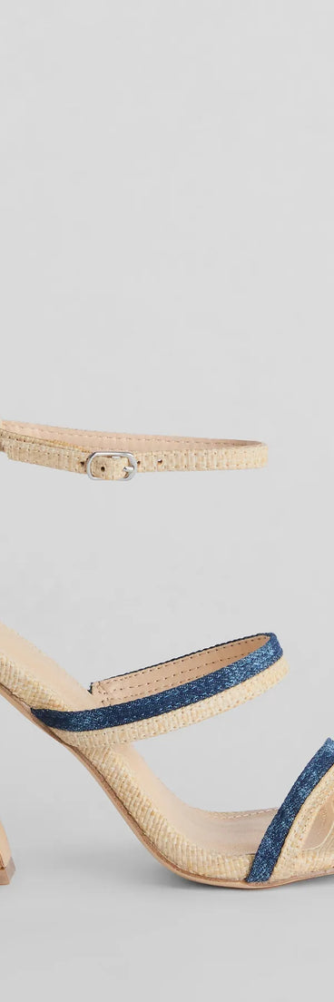 Sunshine Check Strappy Straw Denim Block Heels