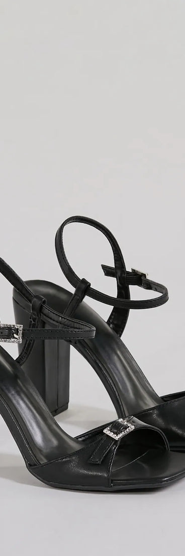 The Midnight Glam Rhinestone Buckle Patent Block Heels in black is an elevated pick for your best outfit yet, effortlessly delivering a polished look that's sure to turn heads at any celebration.