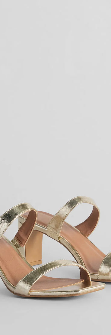 Retro Treasure Strappy Metallic Block Heels, a trendy gold addition to women's going-out outfits, is ideal for Christmas party outfits, chic NYE attire, or winter night-out looks that keep you on-trend!
