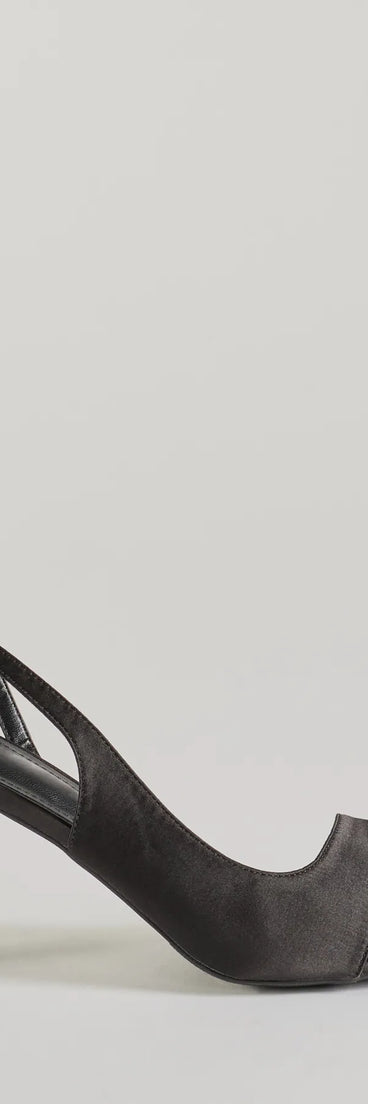 Elevate your work wardrobe with the Chic Satin Sling-Back Stiletto Heels in black, a versatile women's shoe perfect for the office; that combines style with comfort for seamless desk-to-dinner transitions.