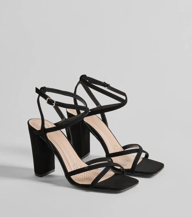 Stunning Summer Daze Strappy Block Heels, a trendy black addition to women's going-out outfits, is ideal for Christmas party outfits, chic NYE attire, or winter night-out looks that keep you on-trend!