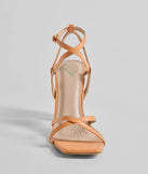 Stunning Summer Daze Strappy Block Heels, a trendy coral addition to women's going-out outfits, is ideal for Christmas party outfits, chic NYE attire, or winter night-out looks that keep you on-trend!