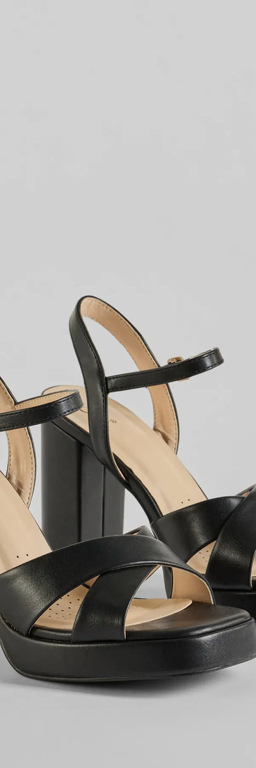 Get ready for any event with the Timeless Treasure Criss-Cross Platform Block Heels in black, an essential start to creating a versatile outfit for women for parties, cocktail hours, or Valentine's Day events.