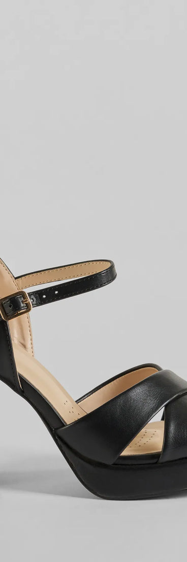 Get ready for any event with the Timeless Treasure Criss-Cross Platform Block Heels in black, an essential start to creating a versatile outfit for women for parties, cocktail hours, or Valentine's Day events.