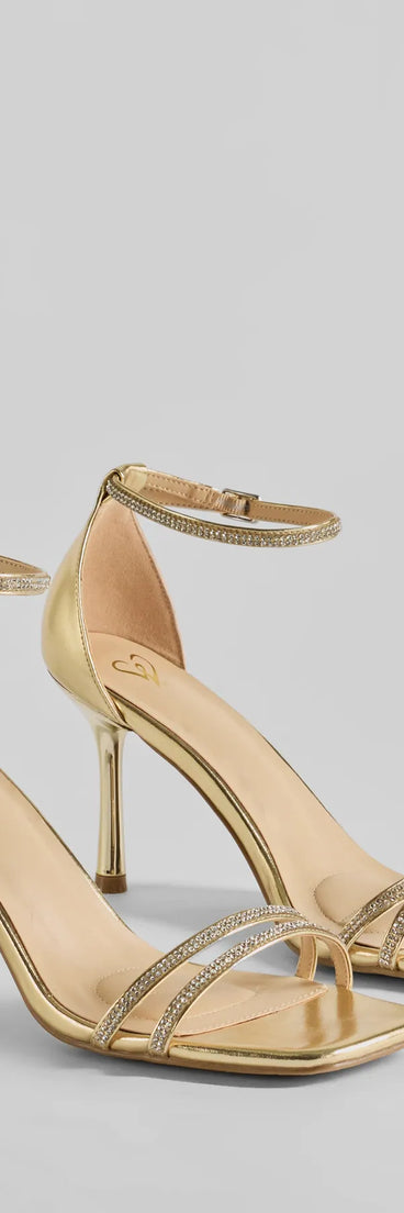 The Subtle Luxe Rhinestone Metallic Stiletto Heels helps create a chic gold women's cocktail outfit with a trendy texture and stylish design, ideal for wedding guest cocktail outfits or dinner parties