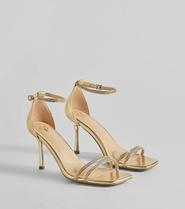 The Subtle Luxe Rhinestone Metallic Stiletto Heels helps create a chic gold women's cocktail outfit with a trendy texture and stylish design, ideal for wedding guest cocktail outfits or dinner parties