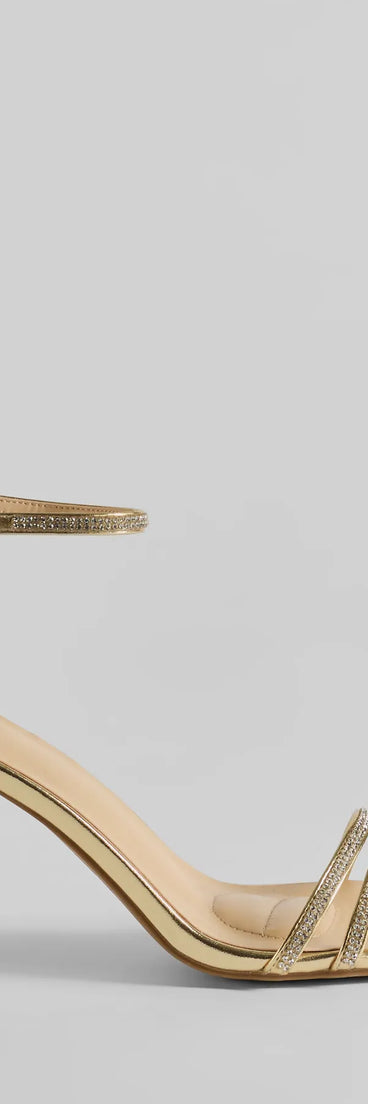 The Subtle Luxe Rhinestone Metallic Stiletto Heels helps create a chic gold women's cocktail outfit with a trendy texture and stylish design, ideal for wedding guest cocktail outfits or dinner parties