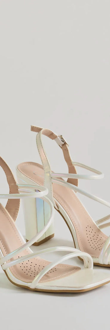 Stylish Sophistication Strappy Iridescent Block Heels, a trendy white addition to women's going-out outfits, is ideal for Christmas party outfits, chic NYE attire, or winter night-out looks that keep you on-trend!