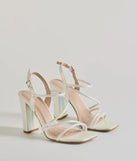 Stylish Sophistication Strappy Iridescent Block Heels, a trendy white addition to women's going-out outfits, is ideal for Christmas party outfits, chic NYE attire, or winter night-out looks that keep you on-trend!