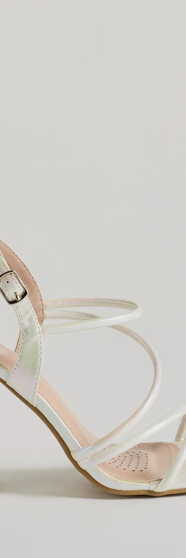Stylish Sophistication Strappy Iridescent Block Heels, a trendy white addition to women's going-out outfits, is ideal for Christmas party outfits, chic NYE attire, or winter night-out looks that keep you on-trend!