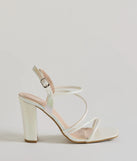 Stylish Sophistication Strappy Iridescent Block Heels, a trendy white addition to women's going-out outfits, is ideal for Christmas party outfits, chic NYE attire, or winter night-out looks that keep you on-trend!